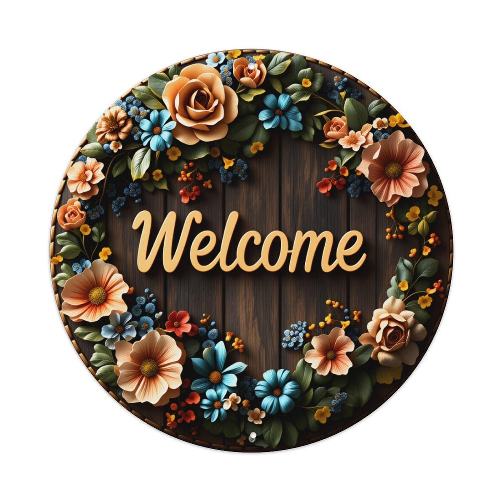 Floral Wreath Welcome Sign Wooden Background Round Vintage Tin Sign,Retro Wall Art,Metal Poster for Home, Bar, Garage, Cafe, Rustic Indoor & Outdoor Decor, 8x8 Inches