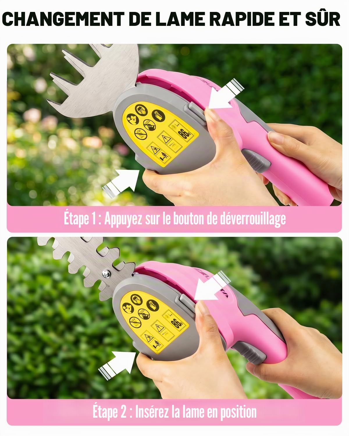 Cisaille à Gazon et Taille-Haie sans Fil 2 en 1, 8V Coupe-Bordure avec Batterie Amovible 2000 mAh, 2 Lames Interchangeables pour Buissons, Arbustes, Branches et Bordures (Rose)