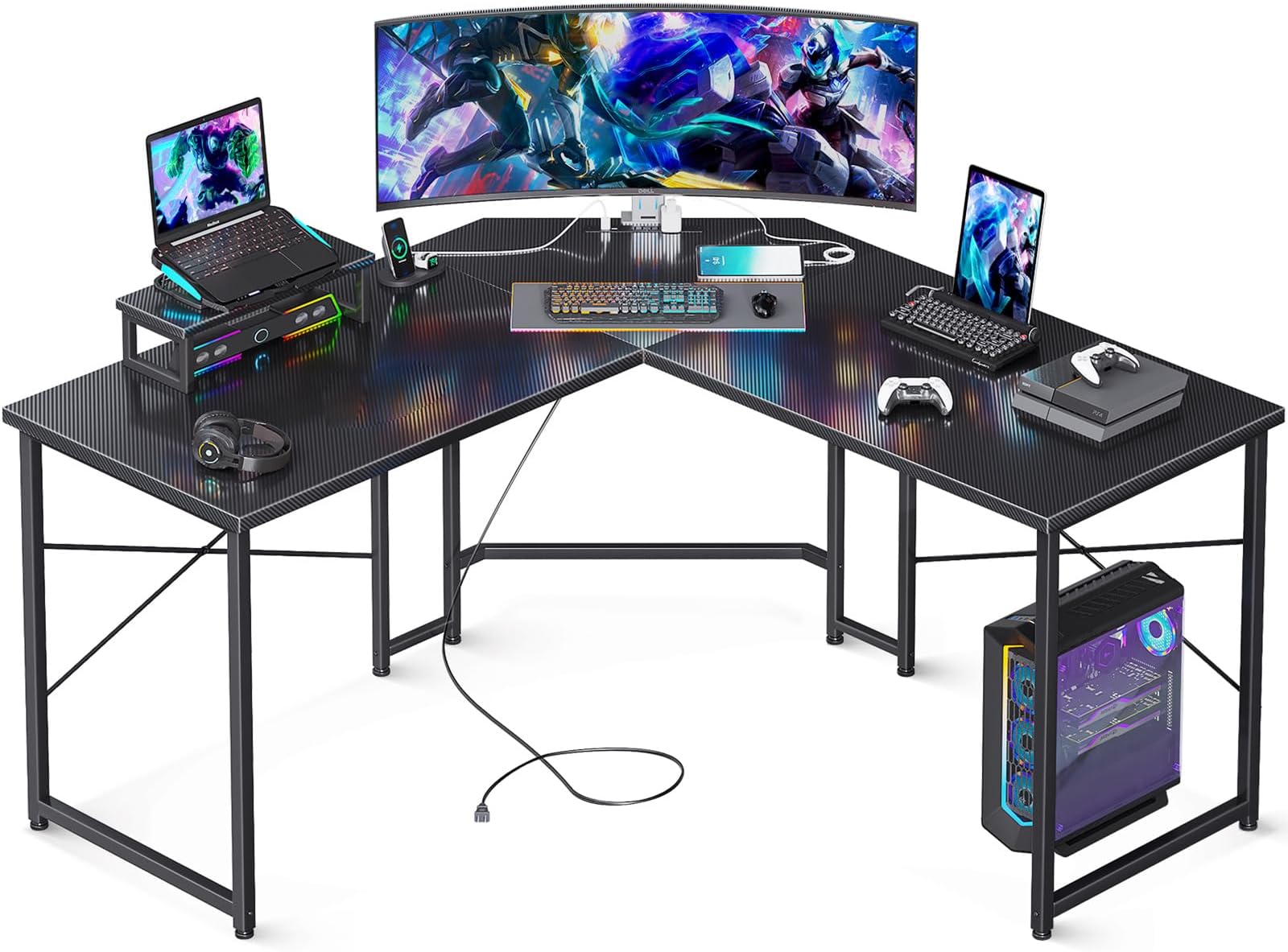 ODK Gaming Desk L Shaped Desk with Monitor Stand, Corner Desk Table for Home Office Sturdy Writing Workstation, Carbon Fiber Surface, 48 x 130 x 76cm