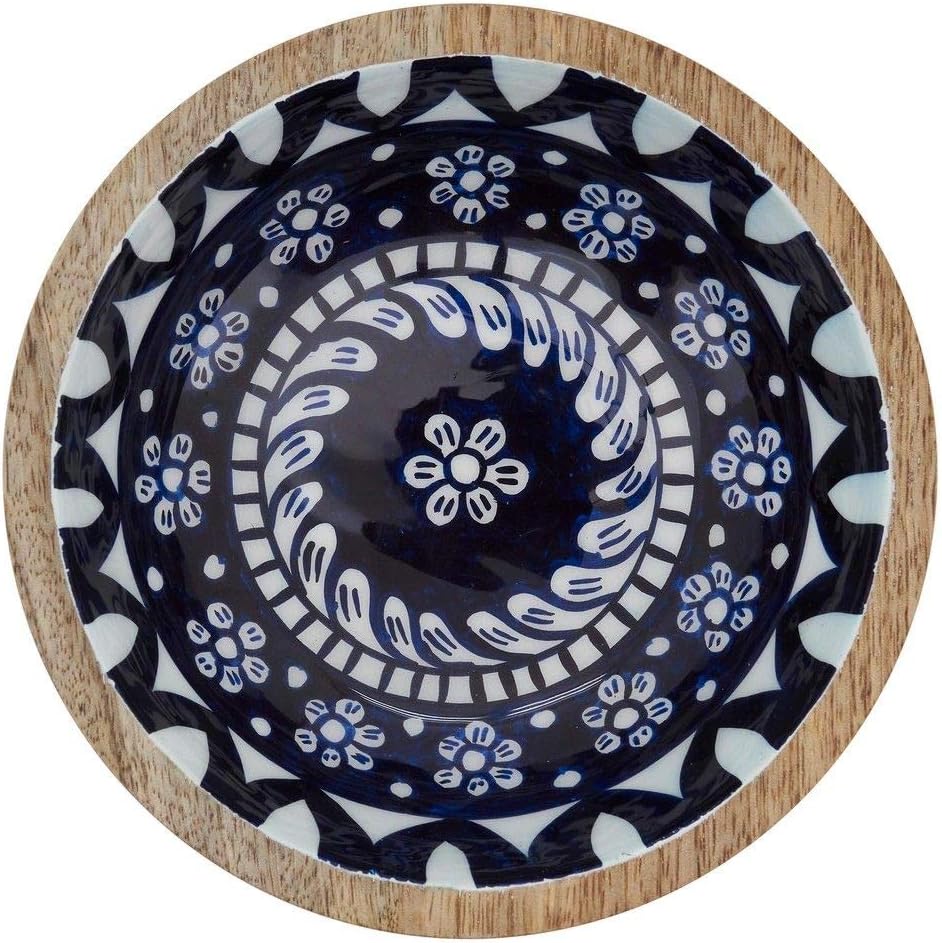 Fennco Styles 7" Round Mango Wood Serving Bowl with Blue Floral Enamel Design for Fruits, Salads, Sides, Home, Kitchen Décor and Holiday Gatherings