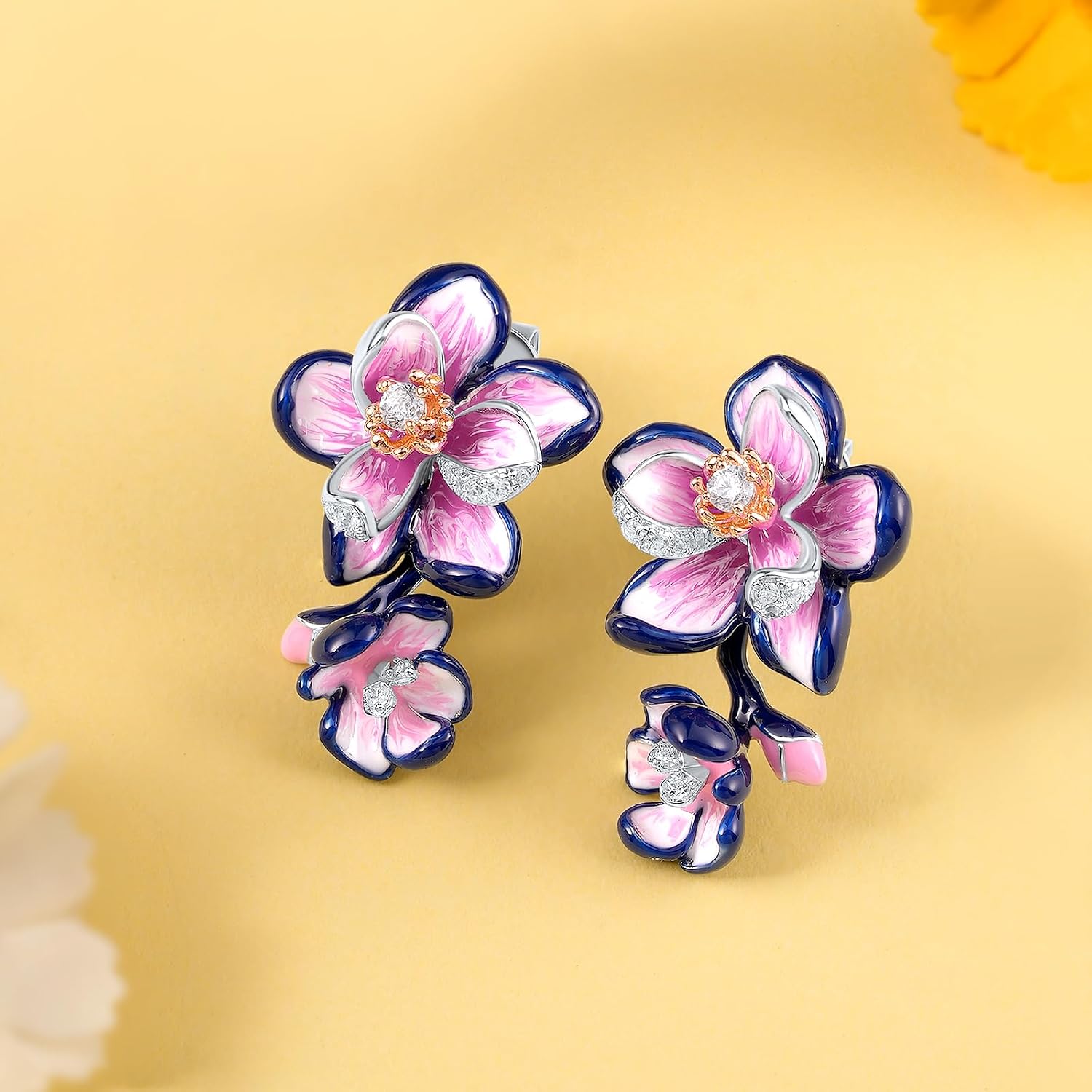 Santuzza Sterling Silver Gemstone Enamel Flower Earrings