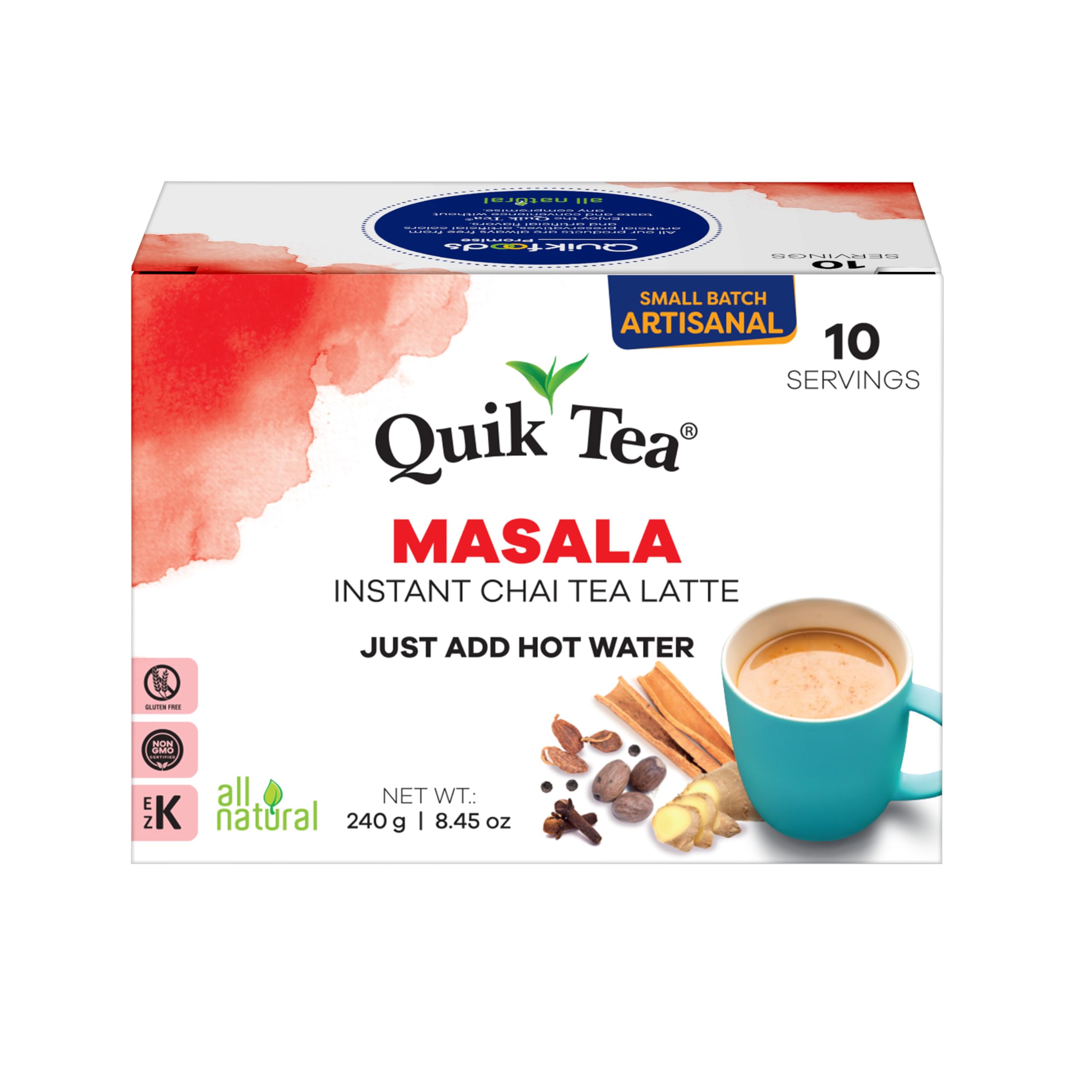 QuikTea Masala Chai Tea Latte – 10 Count, Bold Masala Flavor, Naturally Caffeine-Light, No Preservatives – Just Add Hot Water