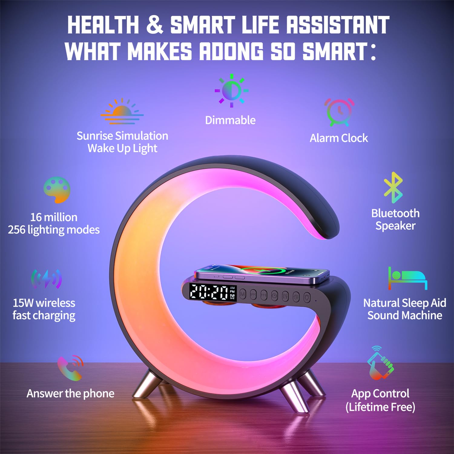 Lampada da tavolo a LED intelligente, caricabatterie wireless 4 in 1, luce notturna, sveglia, altoparlante Bluetooth con controllo app, lampada da comodino con stazione di ricarica per camera da letto