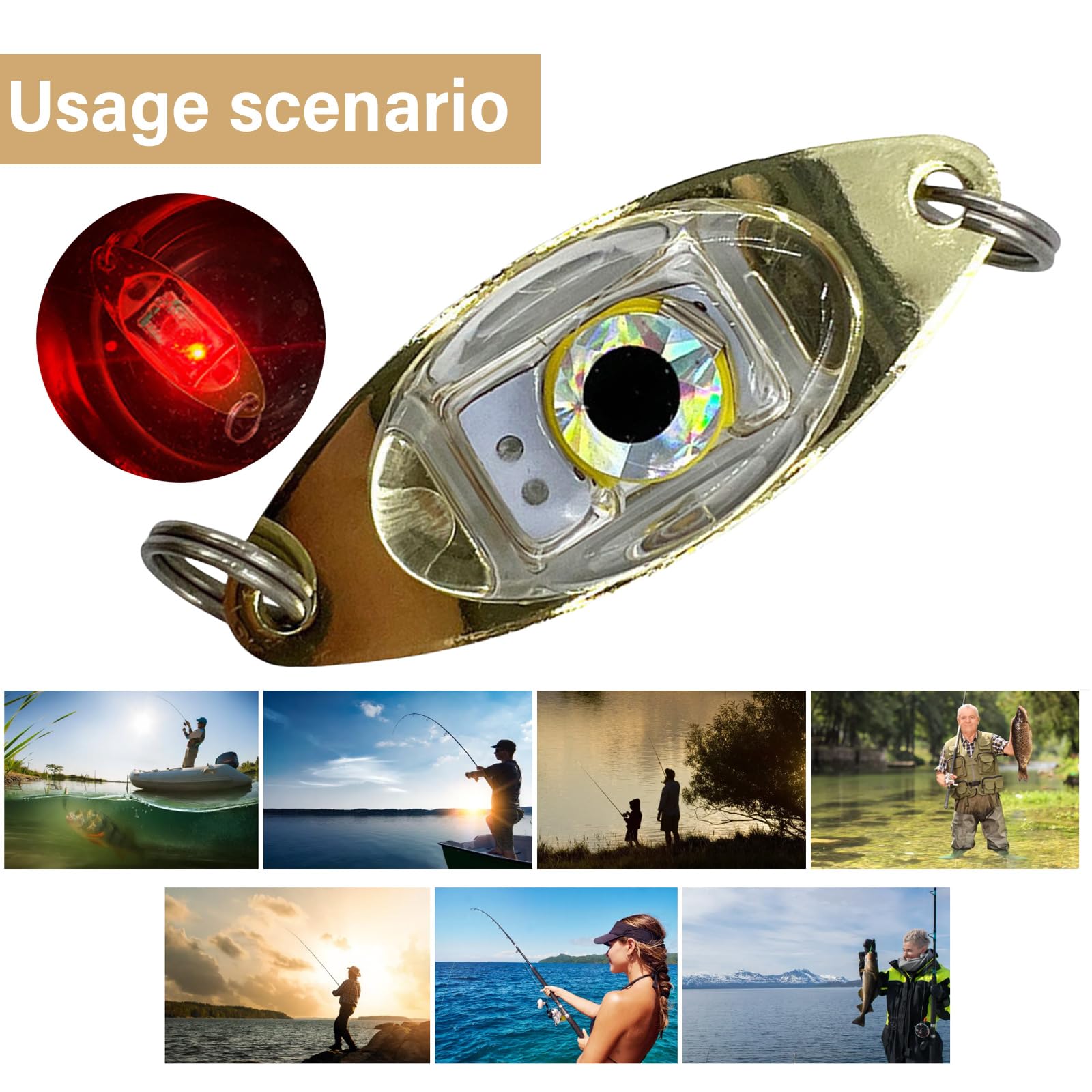 Set di 5 esche da pesca a LED, con forma di occhi, impermeabili, per