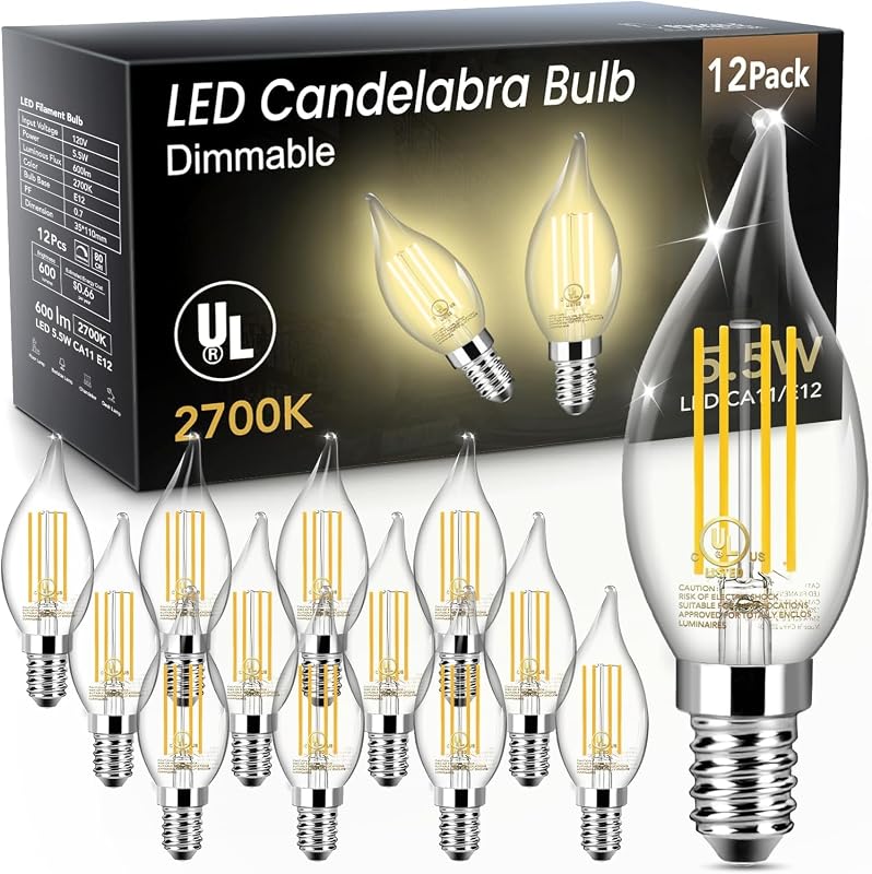 TJOY Bombilla LED para candelabro, bombilla para candelabro E12, equivalente a 60 W | Punta de llama de vela blanca cálida 2700K, 5,5W 600LM, regulable, base E12, CA11, 80+ CRI, bombilla de filamento transparente para lámpara de araña, paquete de 12