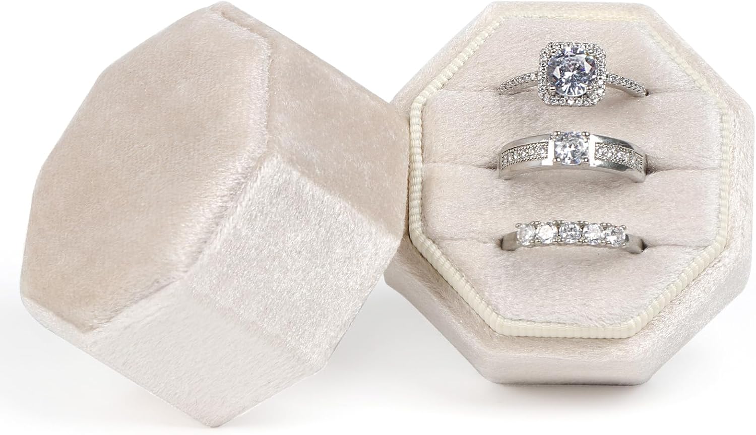 MFXIP Velvet Ring Box, 3 Slots Wedding Ring Box, Vintage Octagon Premium Jewelry Display Holder Gift Box with Detachable Lid for Engagement Wedding Box Keepsake Box Bridal Photo
