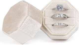 MFXIP Velvet Ring Box, 3 Slots Wedding Ring Box, Vintage Octagon Premium Jewelry Display Holder Gift Box with Detachable Lid for Engagement Wedding Box Keepsake Box Bridal Photo