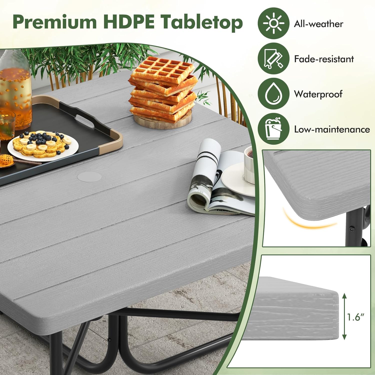 Close-up of the HDPE tabletop material, highlighting its texture and thickness.