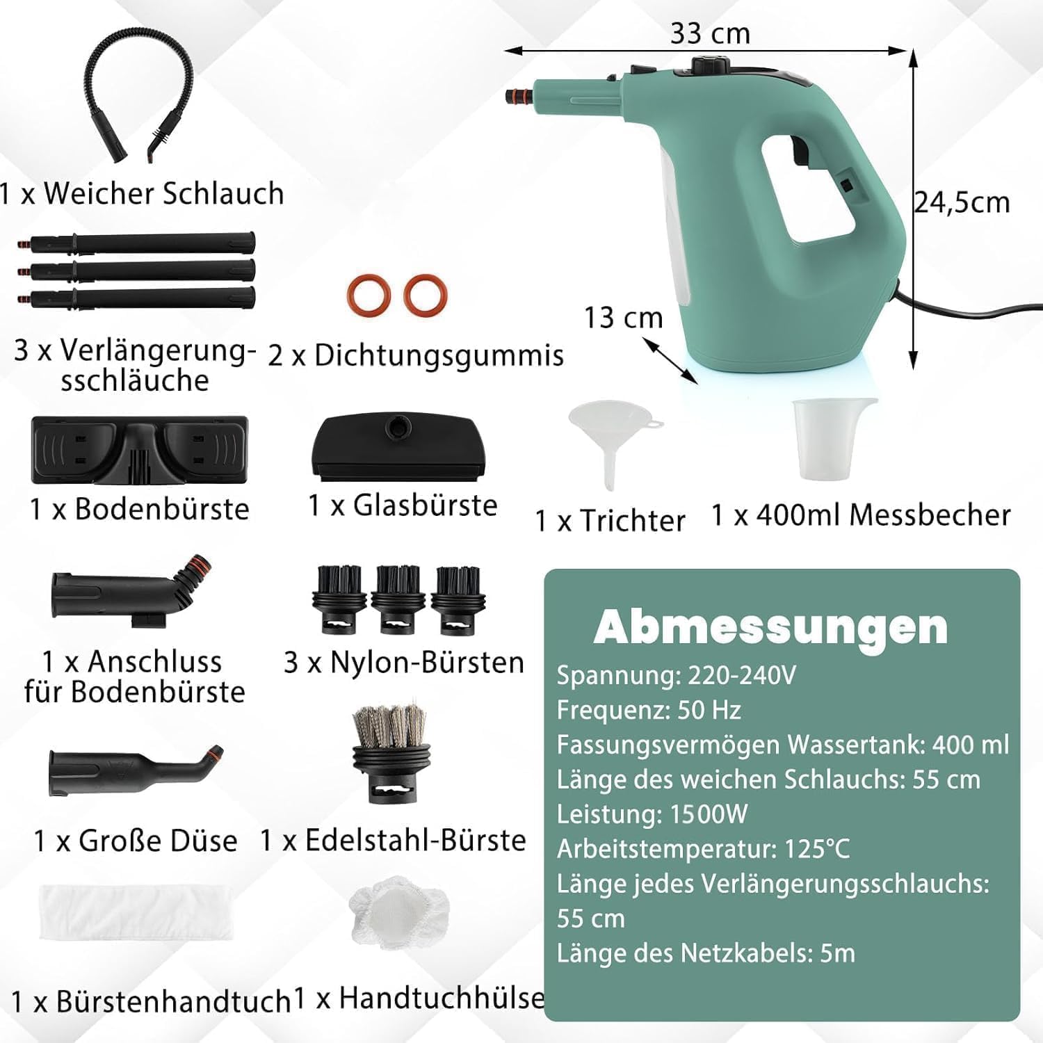 RELAX4LIFE Dampfreiniger Handgerät, Handdampfreiniger mit 13 Zubehör (Grün)