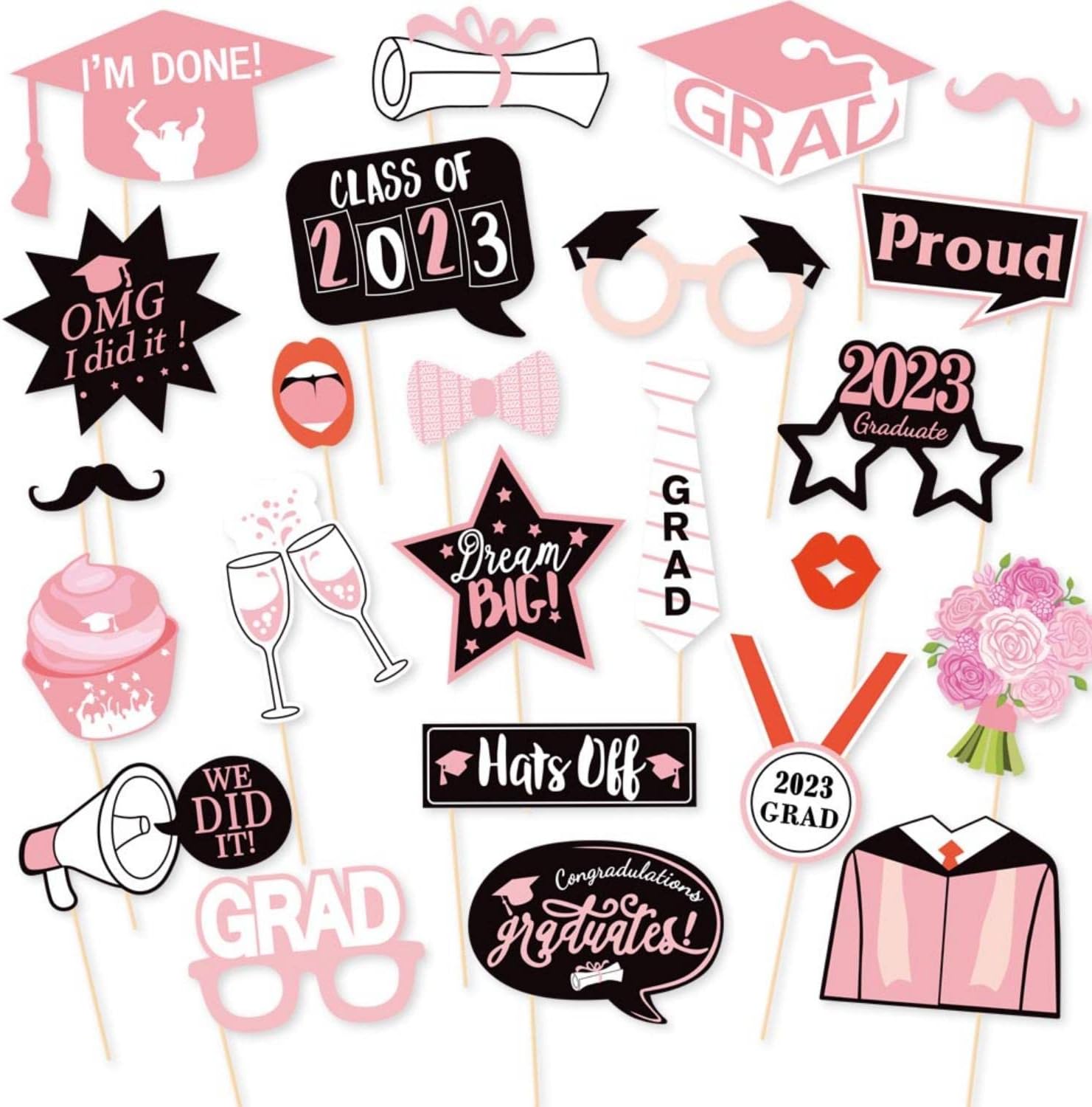 2023 Graduation Photo Booth Props 24 Pieces Black Pink