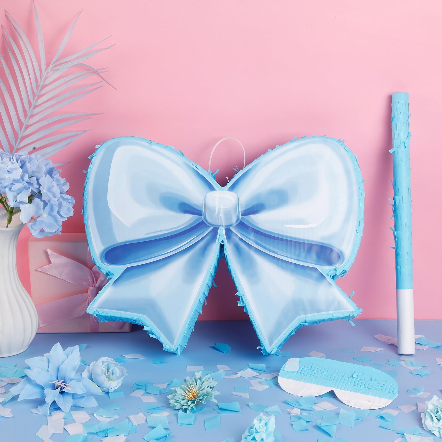 Bow Piñata Birthday Party Decorative Bow Tie Piñata with Blindfold and Bat for Girls Kids Blue Bows Birthday Party Decorations Wedding (Small Size 16.5"x13"x3)