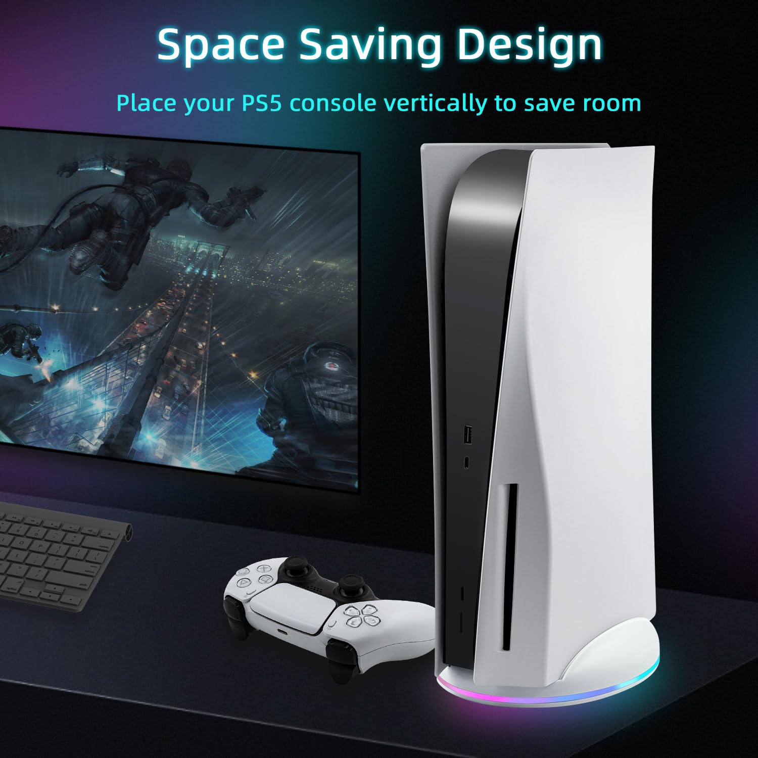 Mcbazel PS5 Support Vertical RVB avec Ports de Charge USB 2.0 Compatible avec Les Consoles PS5 UHD et Digital Edition - Blanc (ne Convient Pas pour PS5 Slim)