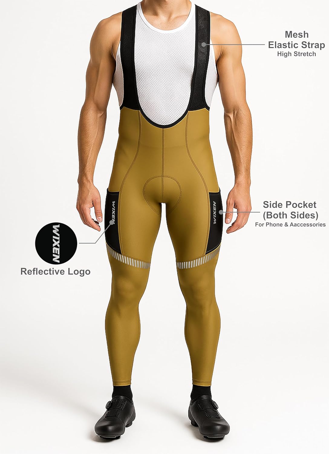 WIXEN Men’s Winter Cycling Bib Tights Thermal Fleece 3D Padded Bike Bib Pants with 4 Pockets - Image 2