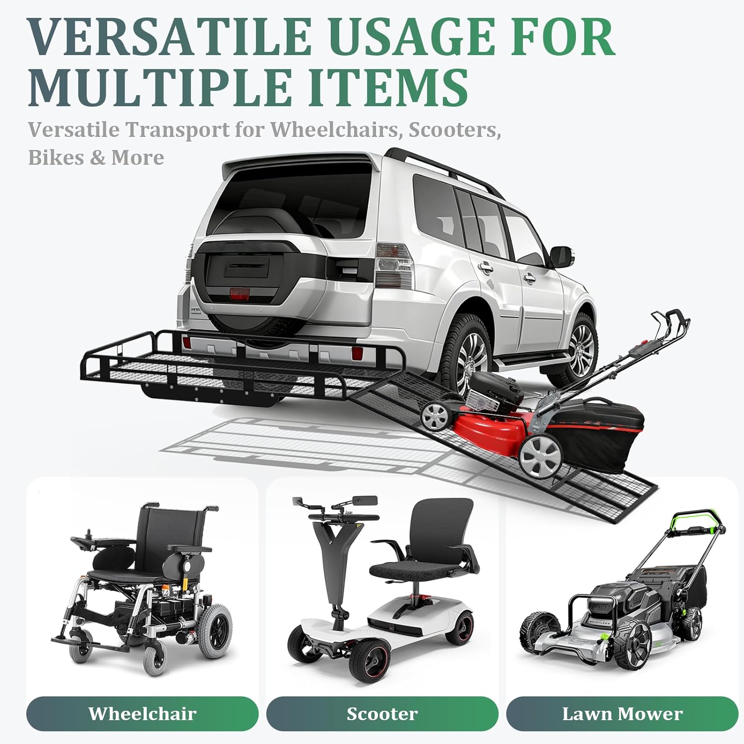 Trailer Hitch Cargo Carrier with Ramp 55”x34”x9”, 1000 LBS Heavy Duty Aluminum Folding Hitch Cargo Carrier, Mobility Scooter Carrier, 2" Hitch for SUV, Truck, Car