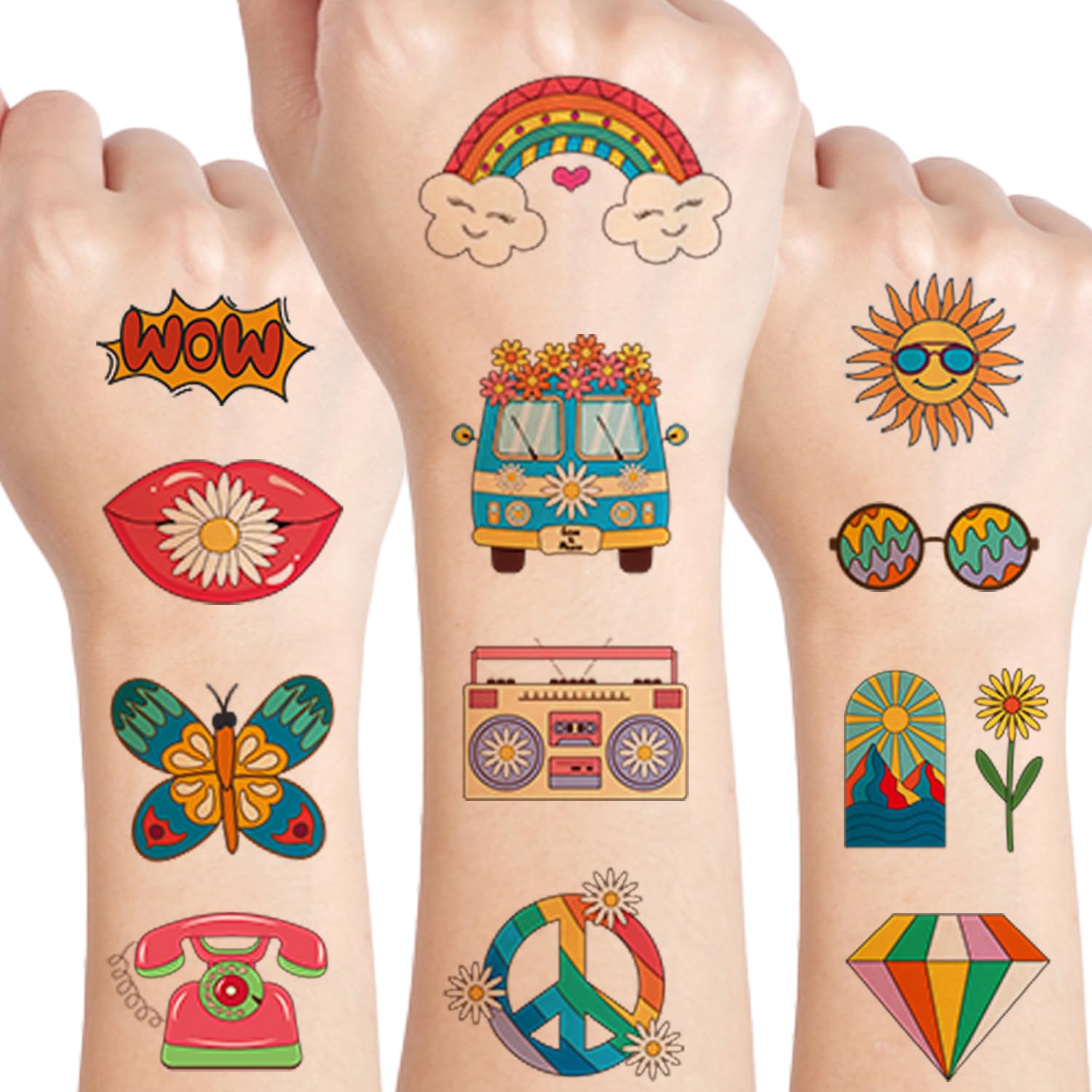 UVUXO Groovy 70s Temporary Tattoo for kids - 96 Styles Flower Power Retro Cute Temporary for Girls Boy Body Arm Shoulder Cute Tattoos Stickers, Birthday Party Supplies Gifts for Kids