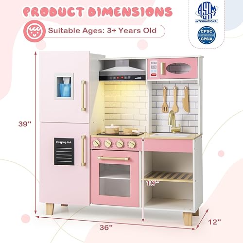 Miniatura 7 de Costzon Juego de cocina para niños, cocina de madera con parrilla de barbacoa, máquina de hielo, campana extractora, pizarra y accesorios de cocina,