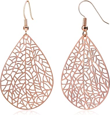 14K Gold Plated Silver Rose Gold Teardrop Filigree Dangle Earrings Lightweight Leaf Drop Earrings for Christmas Gift