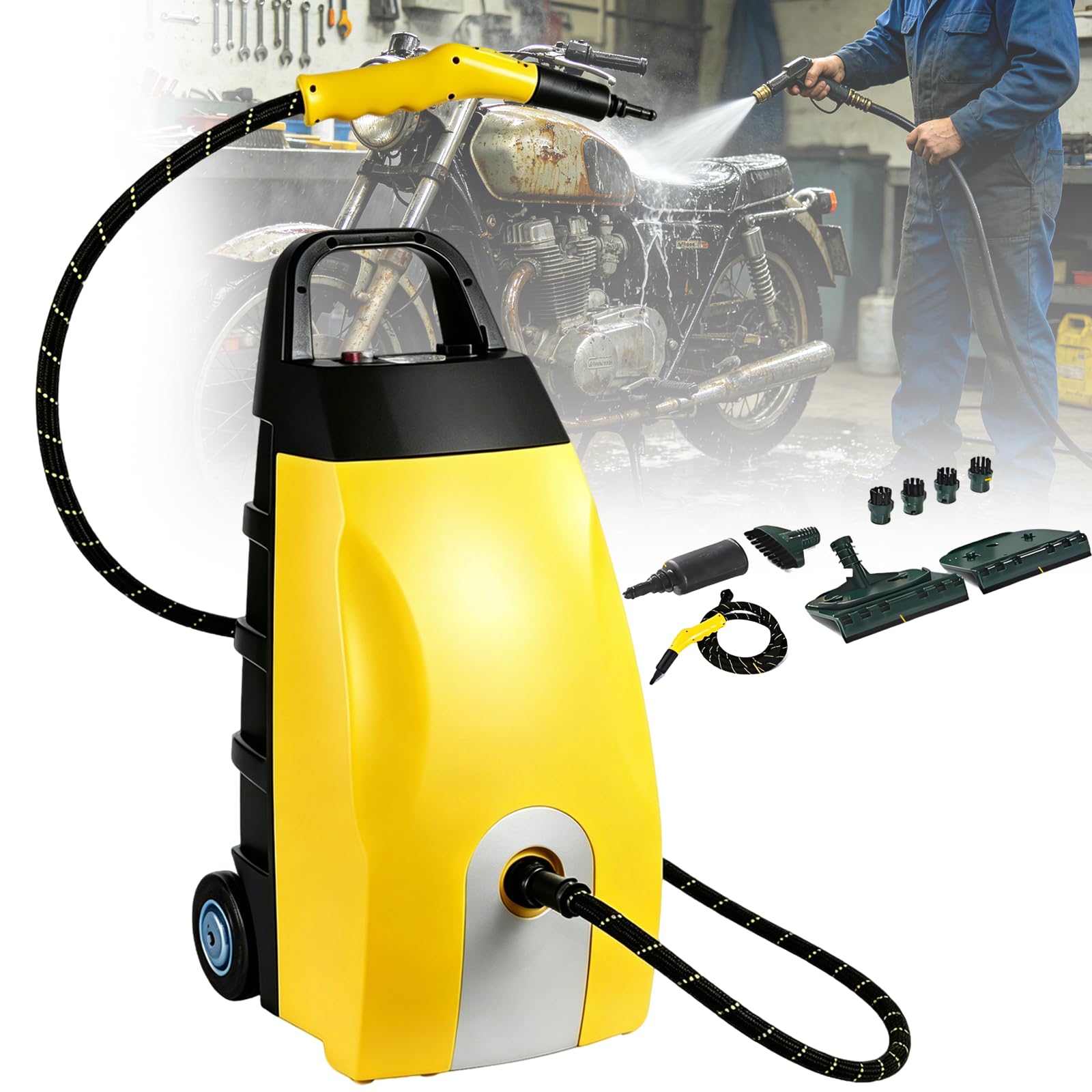 Gavscient Multi-Purpose High Temp Steam Continuous Cleaner, 40s Fast Heat-Up With 6 Accessories, For Home/Car/Ac/Range Hood/Hotel, Heated Carpet Extractor For Appliances Yellow