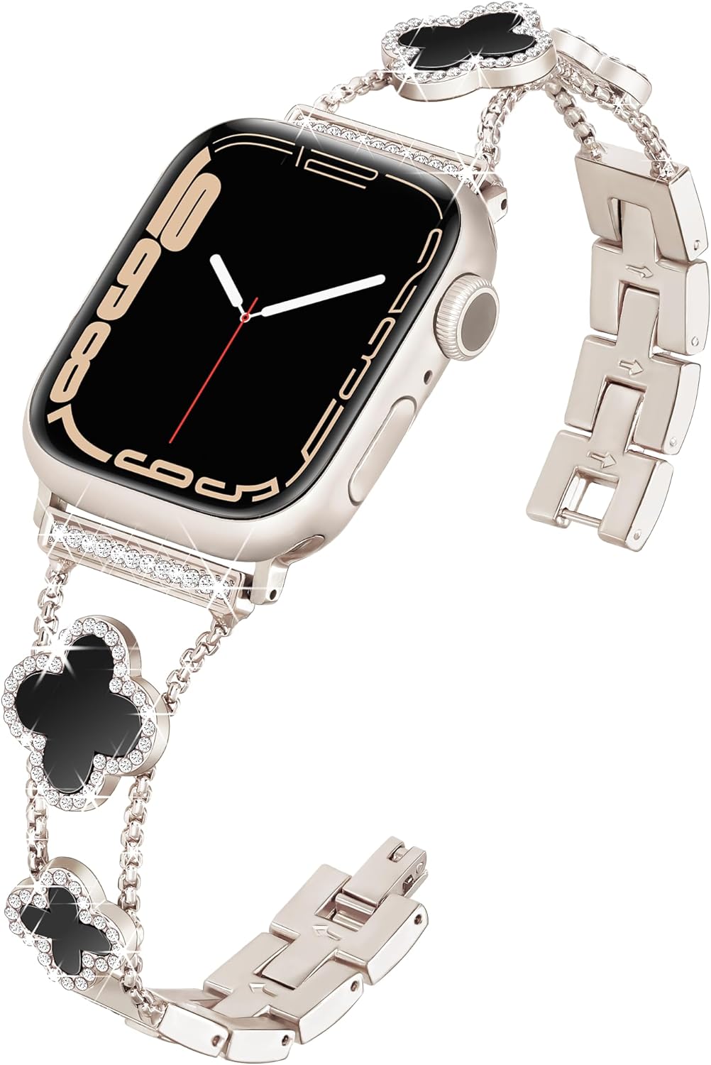 Wipalor Four-leaf Clover Band Fit Apple Watch Bands for Women 46mm 44mm 45mm 49mm 42mm, Thin iWatch Bands for Women, Metal Bling Bands for Apple Watch Series 11 10 9 SE 8 7 6 5 4 3 Ultra Starlight /Black
