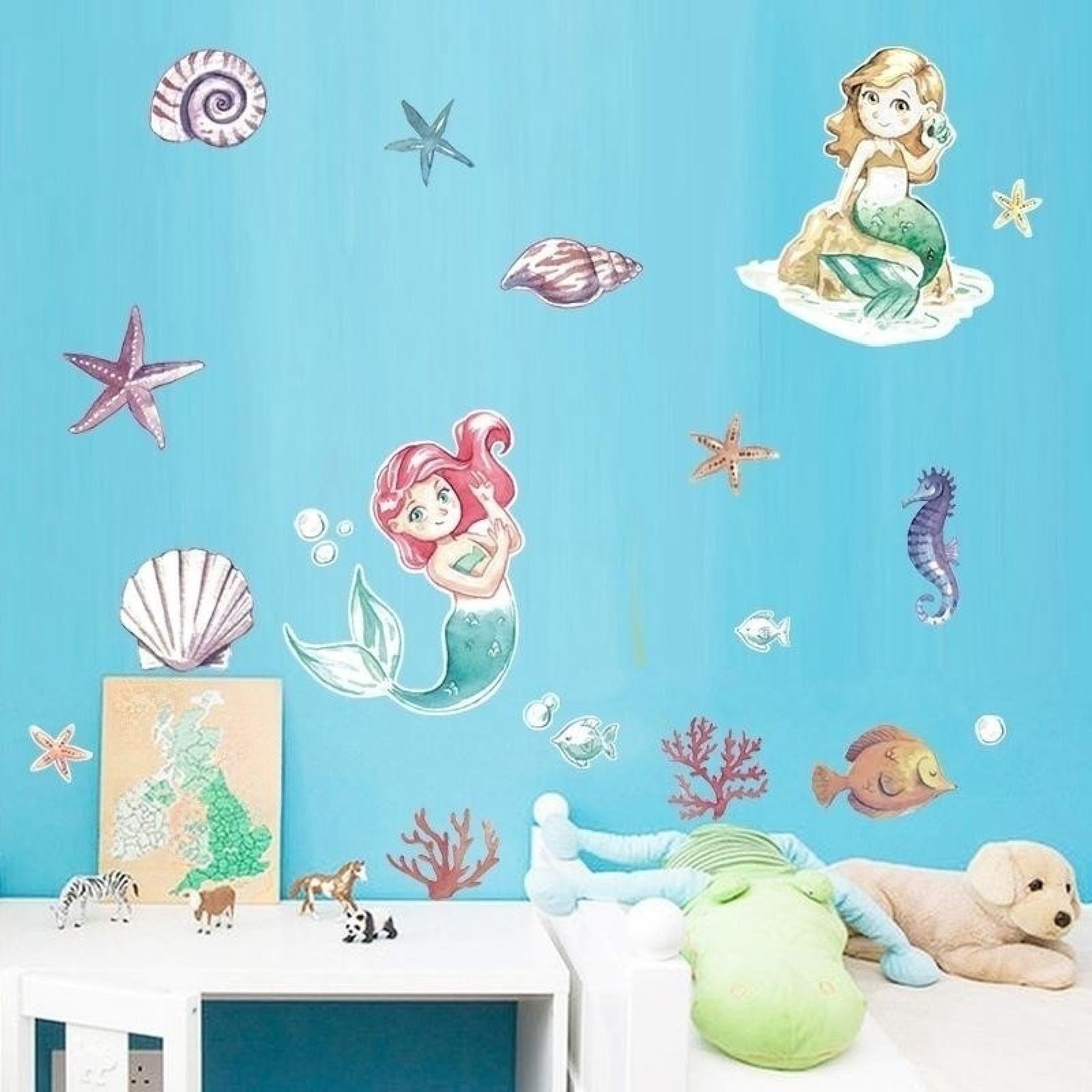 Autocollant mural de sirène et monde de la mer pour chambre d'enfant