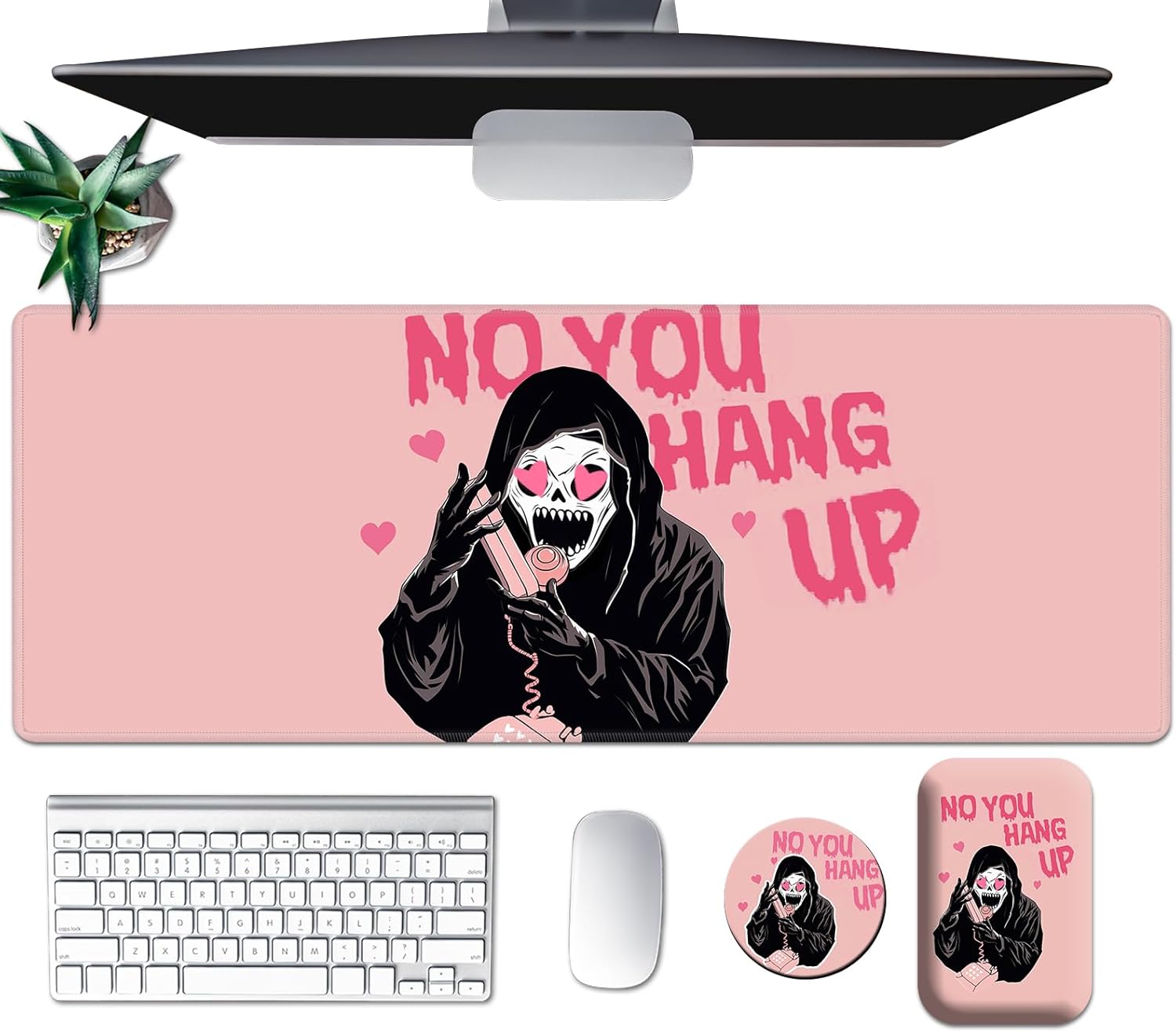 Large Mouse Pad Set, Desk Mat + Elbow Rest Pad + Coaster, Easy Typing Pain Relief, Ergonomic Arm Rest Pad with Memory Foam, Extended Desk Pad Anti-Slip Rubber Base for Office Home, Pink Ghostface