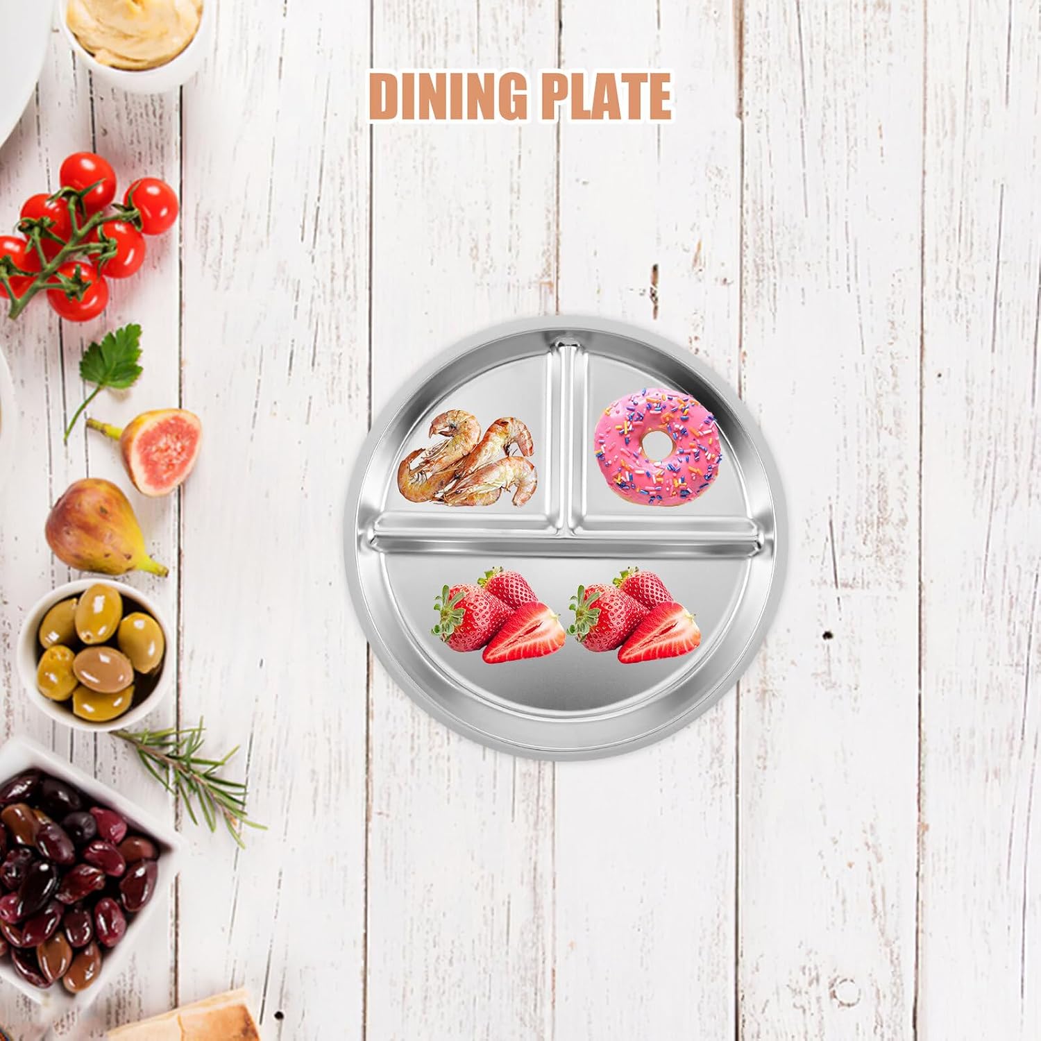 ORFOFE 3pcs Stainless Steel Plates with Suction Base Non-slip Divided Dishes for Clean Breakfast Tableware for Home Daycare Travel