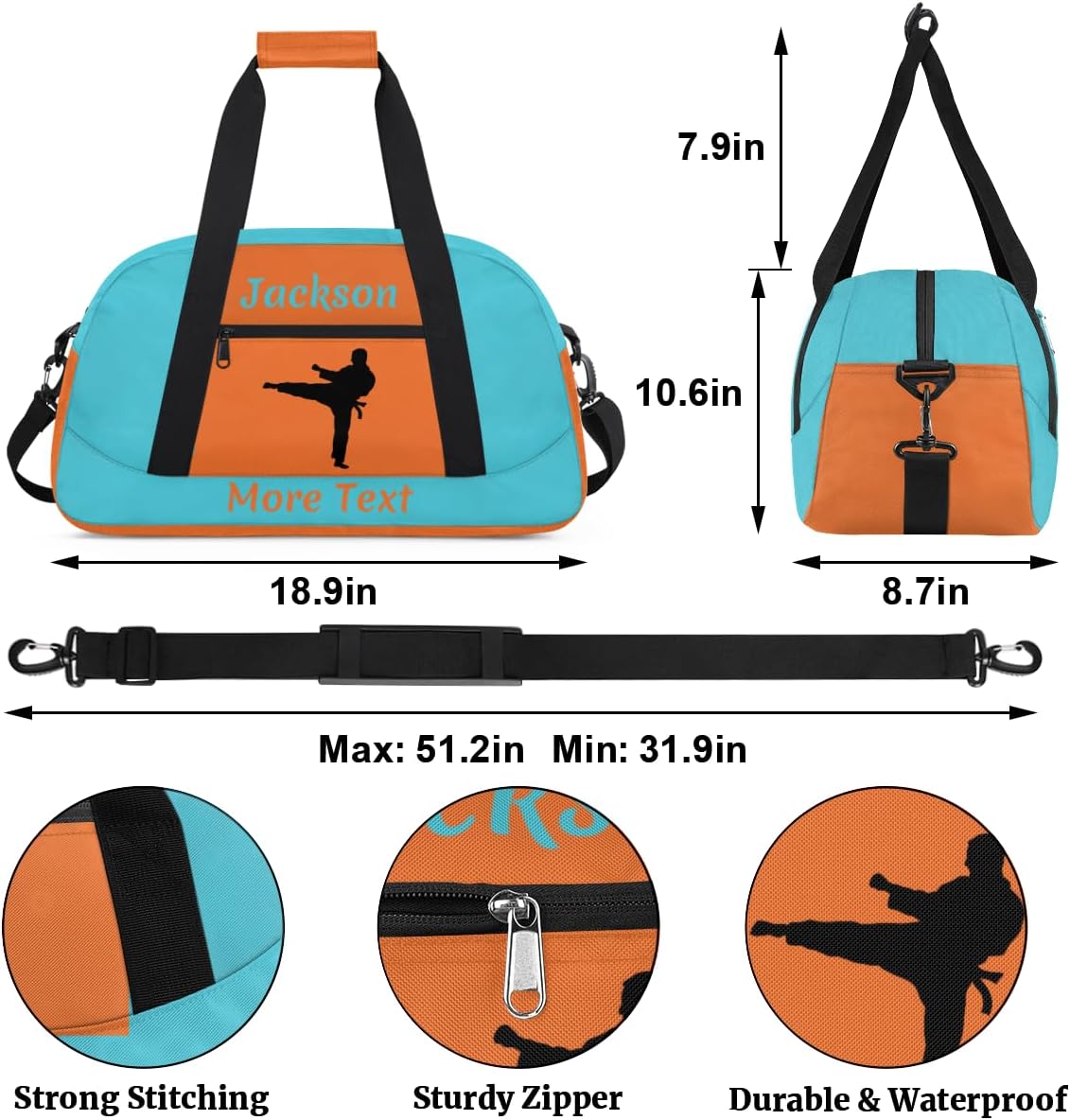 Personalized Sport Duffle Bag for Boys, Custom Kids Gym Bag with Name, Fit School Practice, or Overnight Weekender Travel Cyan Martial Arts Male