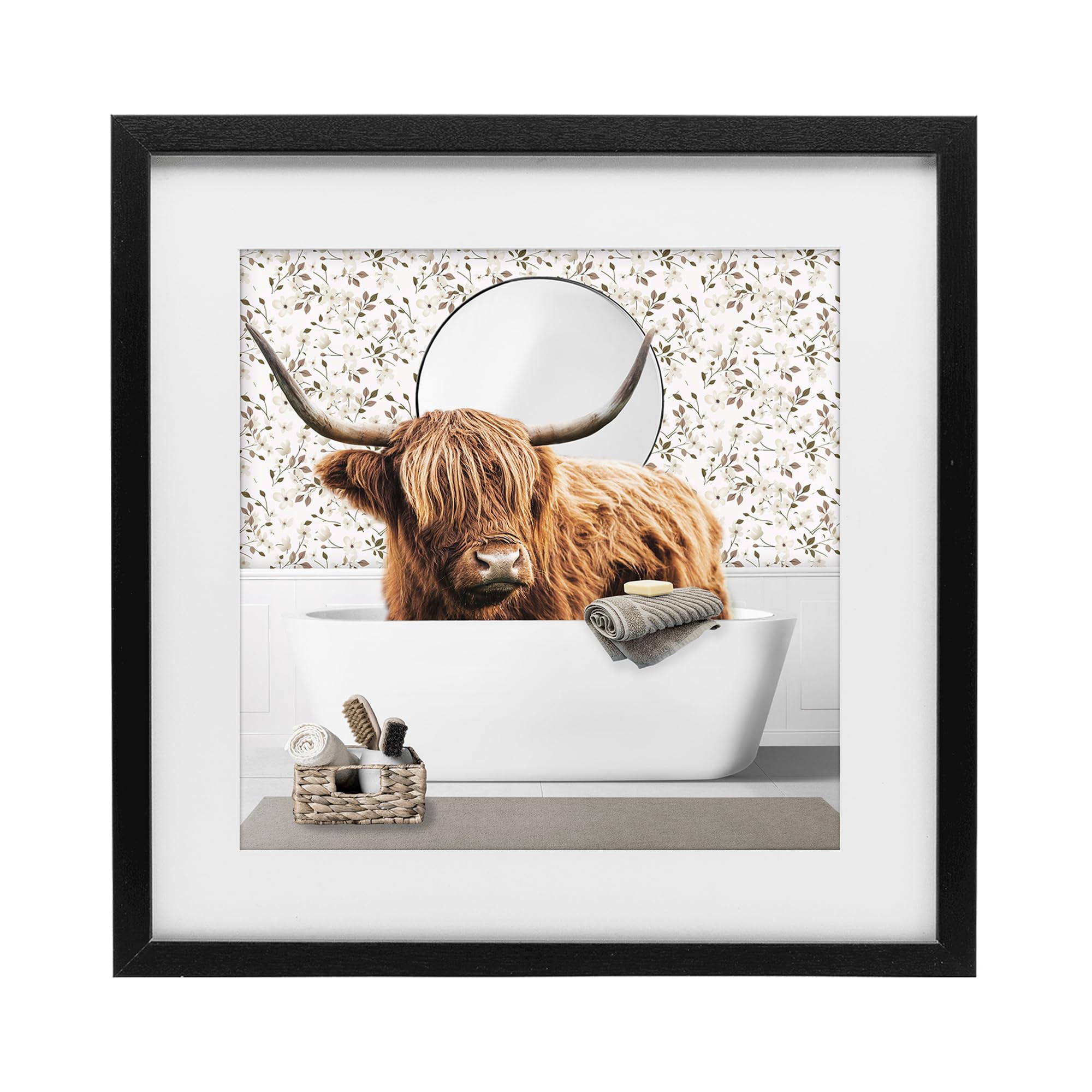 Stupell Industries 'Boho Cattle Bath Time', Framed Print Under Glass, Black, 13 x 13 Inches, Easy to Hang and Sturdy, Made in USA, by CAD Designs