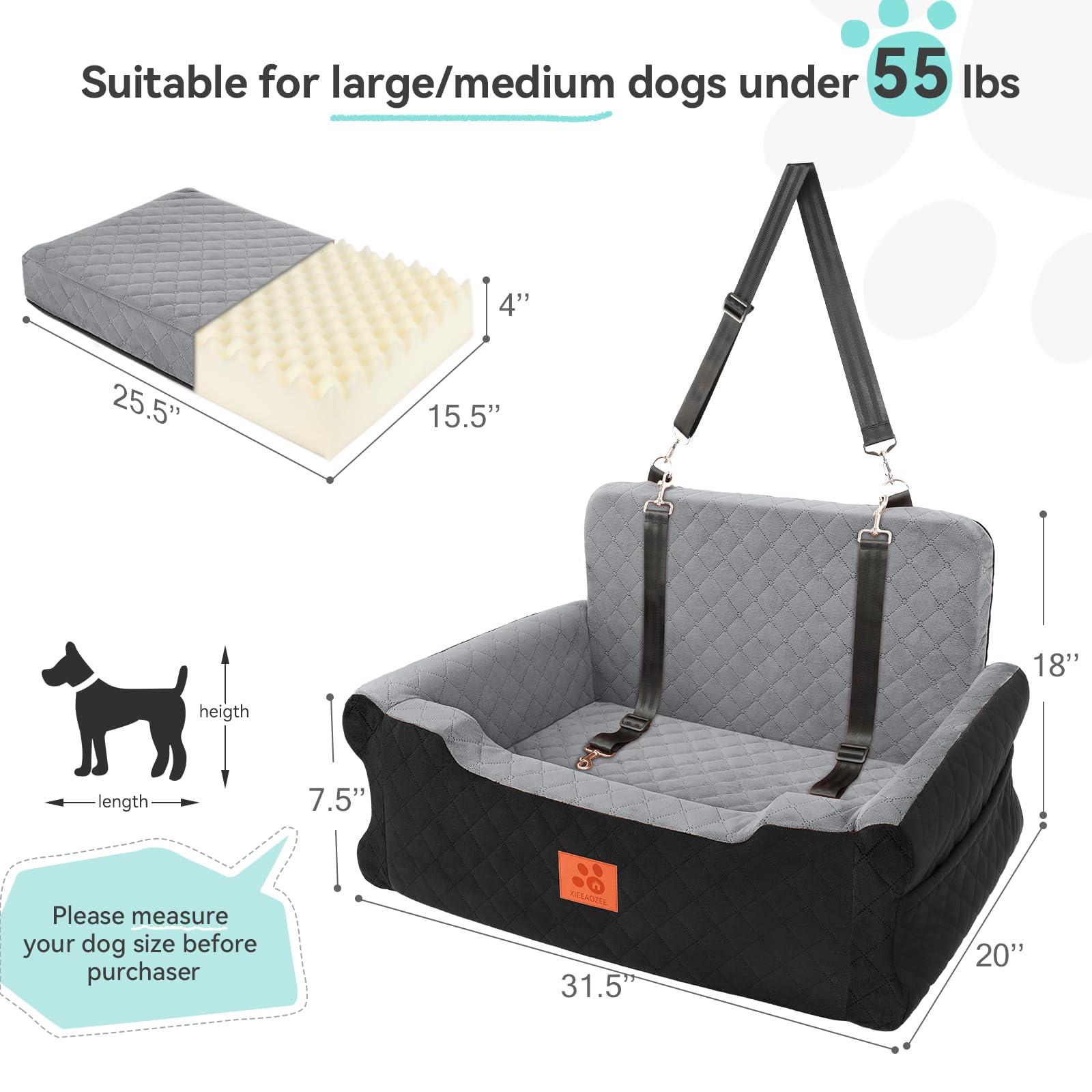 GL GLENSLAVE Hundesitz für Auto für große und mittlere Hunde bis 25 kg – Aus weichem Stoff, Autohundbett mit Memory-Schaum Füllung, abnehmbar & waschbar, inkl. 2 Sicherheitsleinen (schwarz/grau)