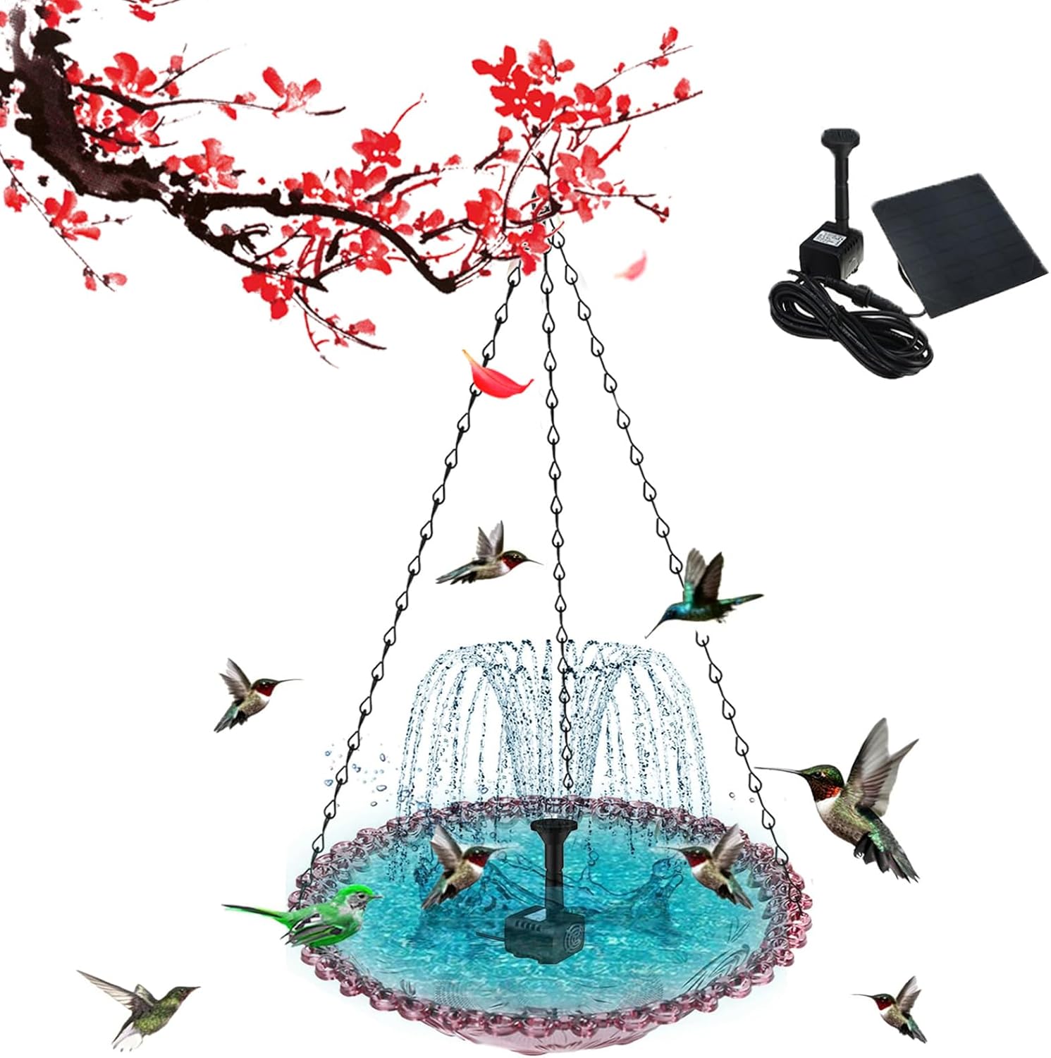 Solar Cascade Hanging Bird Bath Fountain, Outdoor Hanging Bird Bath with Solar Fountain, Hanging Birdbath with Solar Fountain, with Solars Pump & Glass Bowl, for Outdoor, Gardens (Double Layer-B)