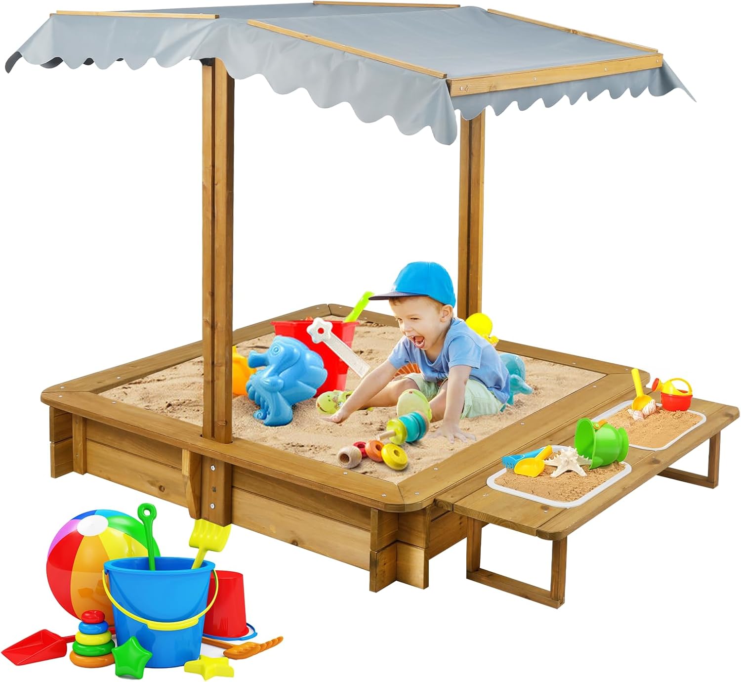 Ketive Kids Wooden Sandbox with Cover, Outdoor Sand Box with Lid 2 Side Buckets, 4 Bench Seats & All-Round Bottom Liner, UV-Resistant Canopy, Height Adjustable Roof Gift for Ages 3-8(45.3x45.3in)