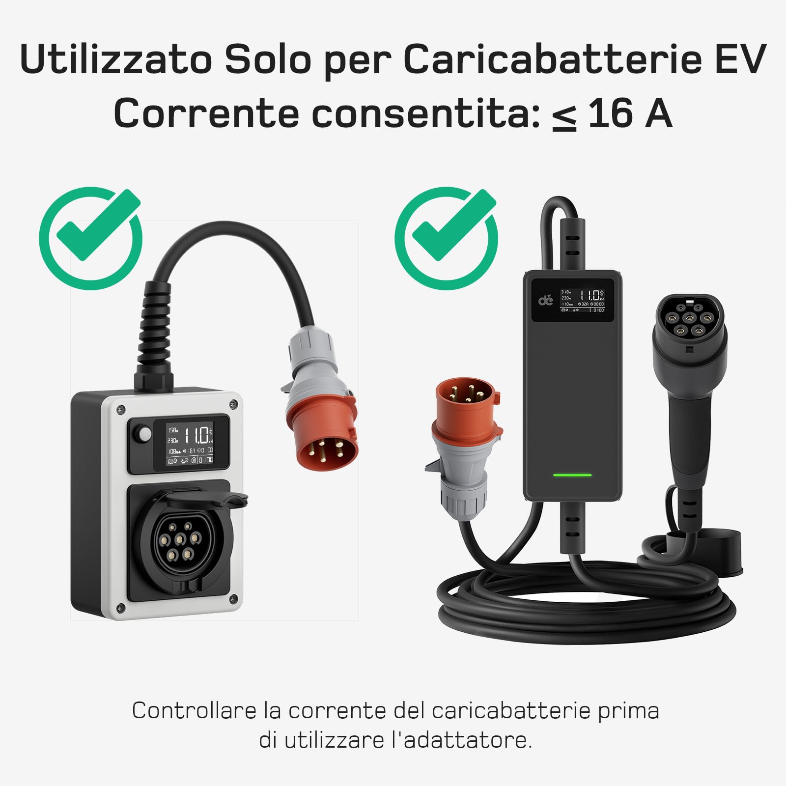 dé Adapter Set CEE 16A 5-Pole per 11kW Caricatore EV/Stazione di Ricarica a CEE Rosso 32A / CEE Blu 16A / Presa Domestica 230V con Cavo in Gomma 0,5m H07RN-F 3G2.5mm² IP44 per Uso Esterno