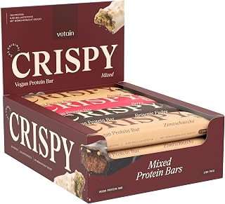 VETAIN Vegan Protein Riegel - Mix Box - 4 Sorten Crispy Eiweißriegel | 12g Eiweiß pro Riegel - Mit Mönchsfrucht gesüßt - 100% natürliche Zutaten - Ohne Palmöl - Frei von Sucralose - 12 x 55g