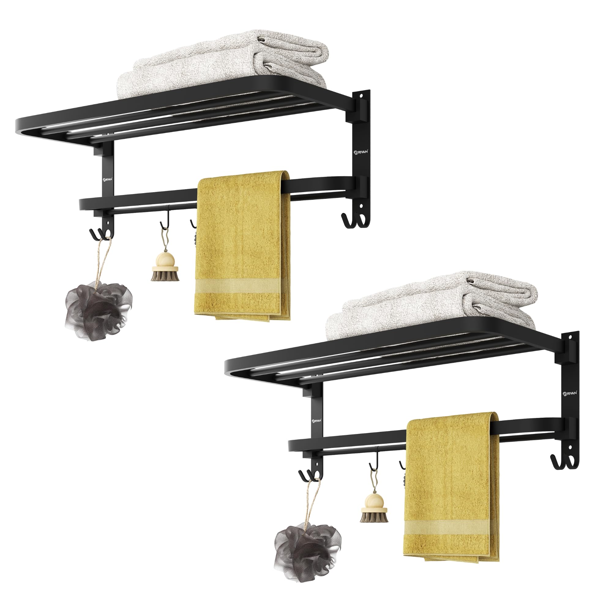 Premium Stainless Steel 24 Inch Foldable Towel Rack/Shelf/Stand for Bathroom, Towel Holder with Hooks and Hanger (Black Matte, Pack of 2)-image-21