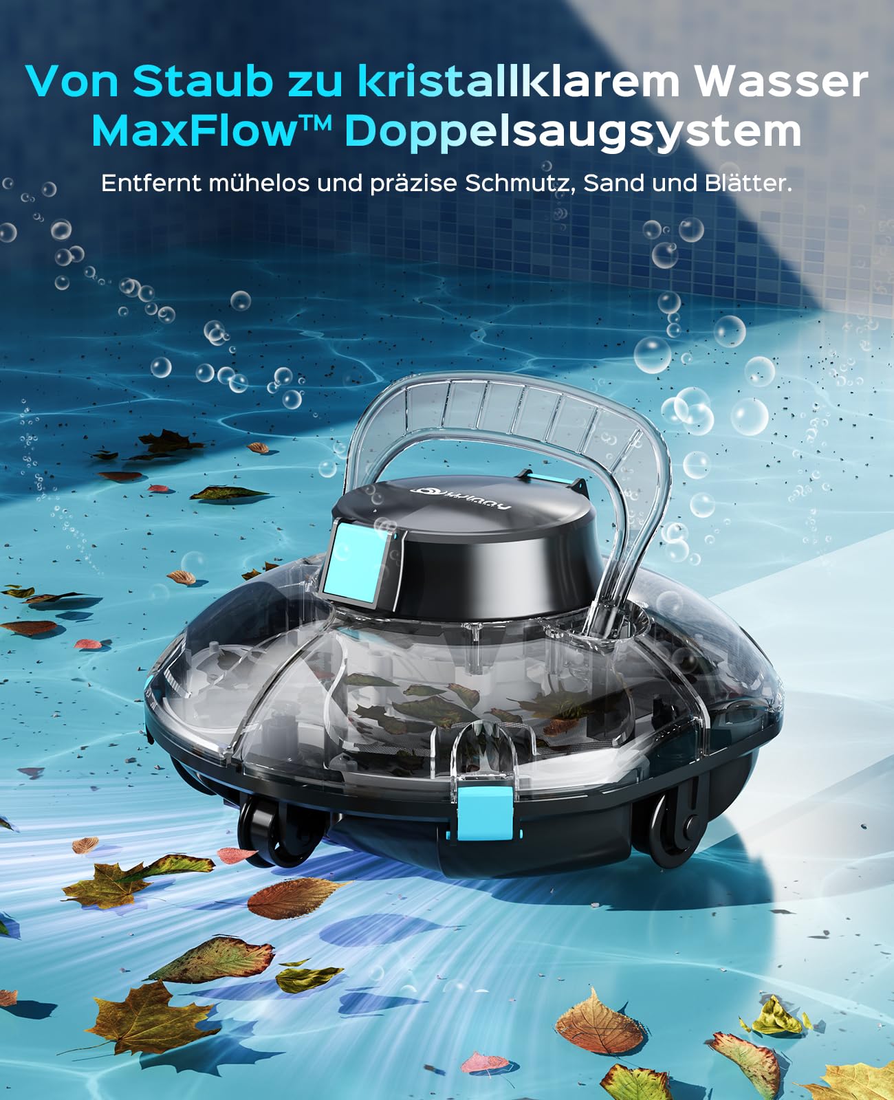WINNY POOL CLEANER Winny 200 Poolroboter, Poolsauger kabellos mit Akku, 80 Min. Laufzeit, für Aufstellpools bis 60 m², Doppelfiltration, Automatisches Parken,Kompakt Leicht(Schwarz-Marine)