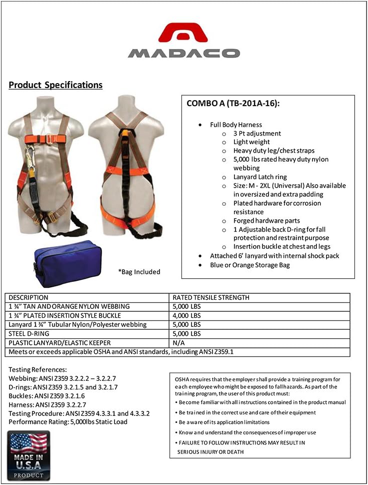 Roof Construction Fall Protection Full Body Industrial Safety Harness Internal Shock Absorbing 6FT Lanyard Kit Size M-XXL