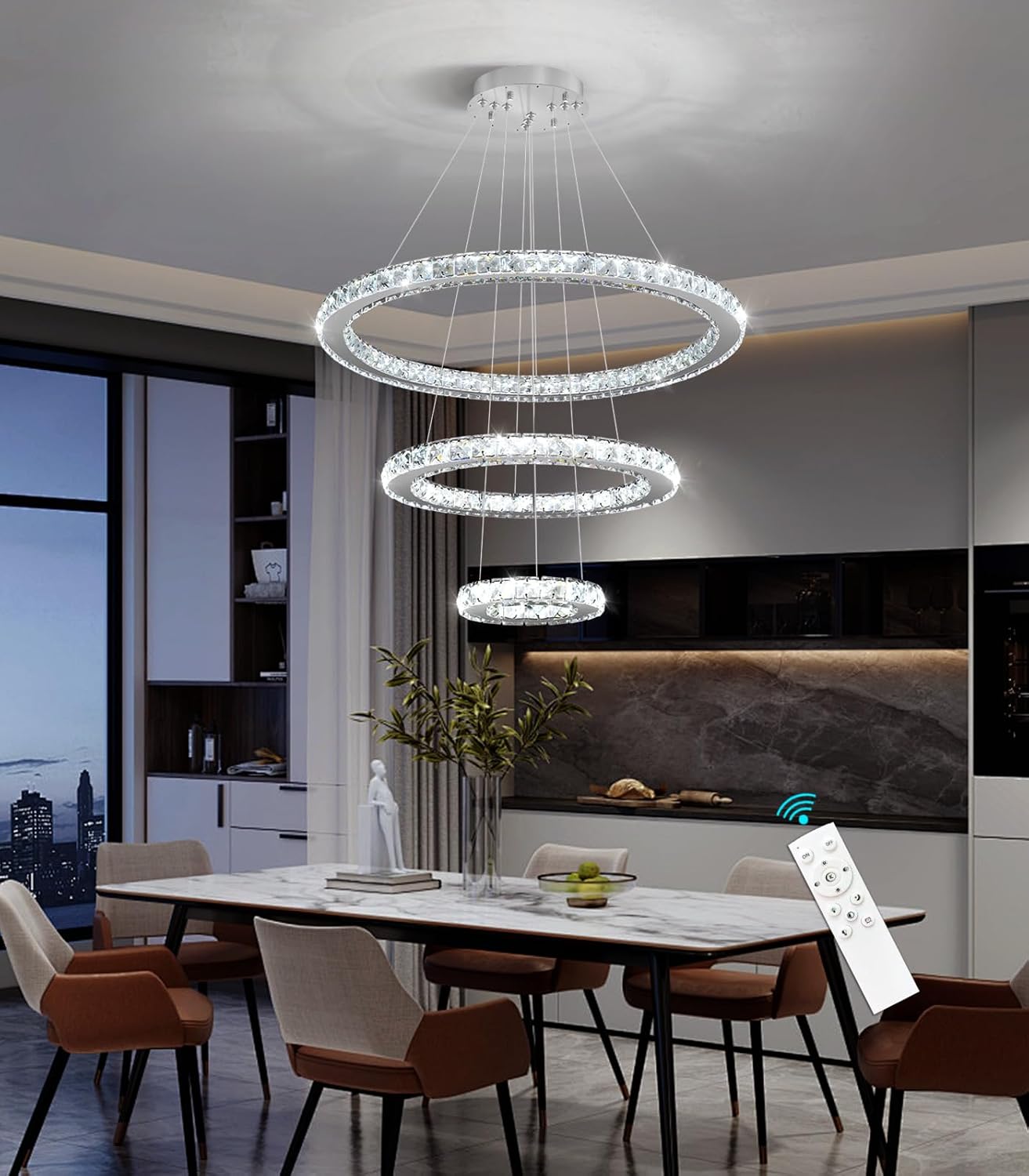 Modern Crystal Chandelier Dimmable LED Ceiling Light Fixture 3 Ring Adjustable Stainless Steel Chandeliers for Dining Room Living Room Bedroom Silver