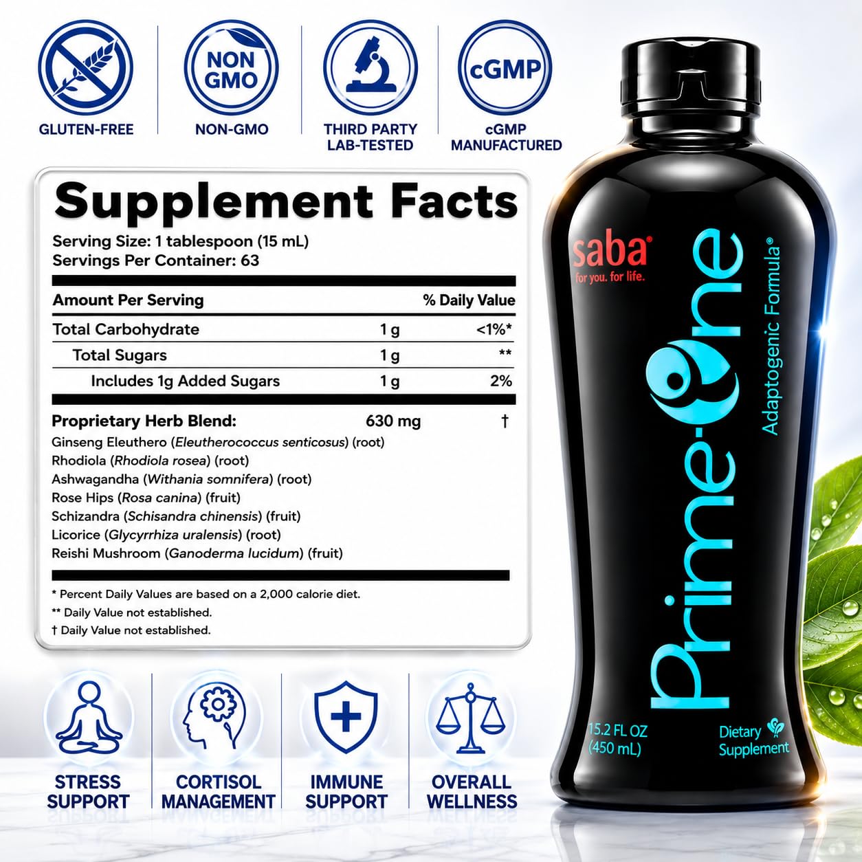 Saba Prime One Liquid Adaptogen – Stress Support Supplement with Ashwagandha, Rhodiola, Reishi Mushroom, Ginseng & Eleuthero for Calm, Focus, Energy & Healthy Cortisol Response, 32 Fl Oz, 63 Servings — Amazon image 2