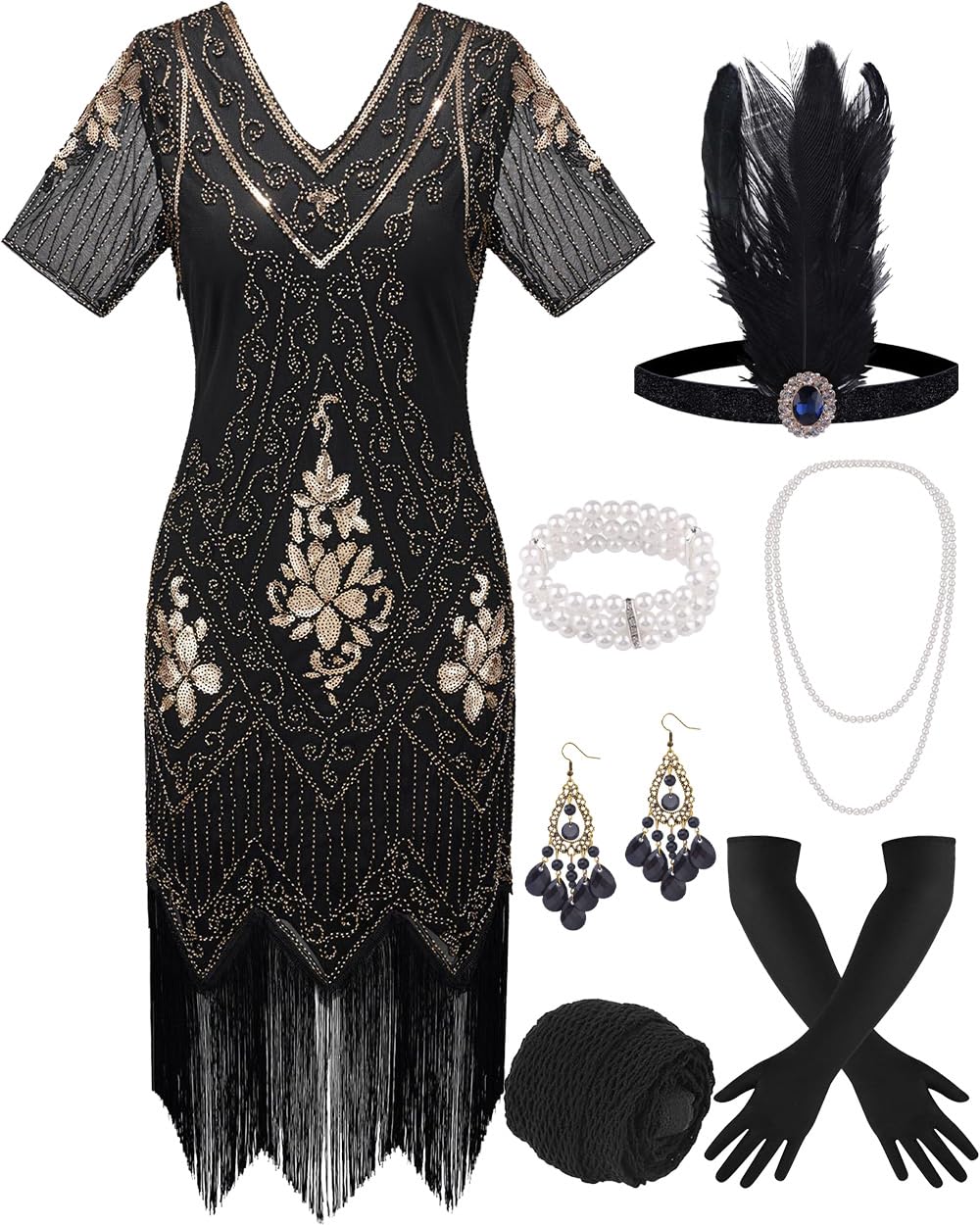 ELFIN Abito da donna anni '20, con frange e paillettes, accessorio per costume anni '20, con fascia, copricapo, guanti lunghi neri, collana