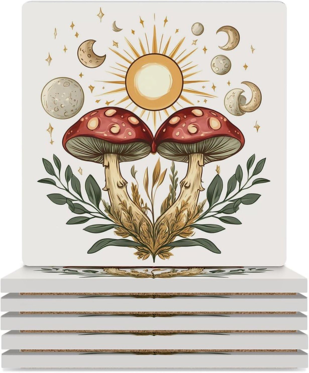 Mushroom Coasters for Drinks Square Ceramic Coasters Cup Mats with Cork Base