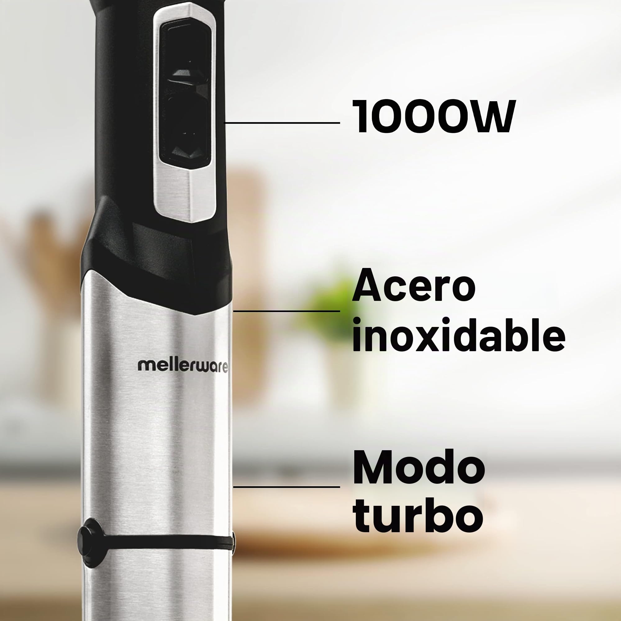 Mellerware Batidora de mano Spiro! | Picadora eléctrica 1000 W de potencia | Acero inoxidable | Velocidad regulable | Luz Led | Función Turbo | Incluye Vaso medidor, Varillas y Picadora (Negro)