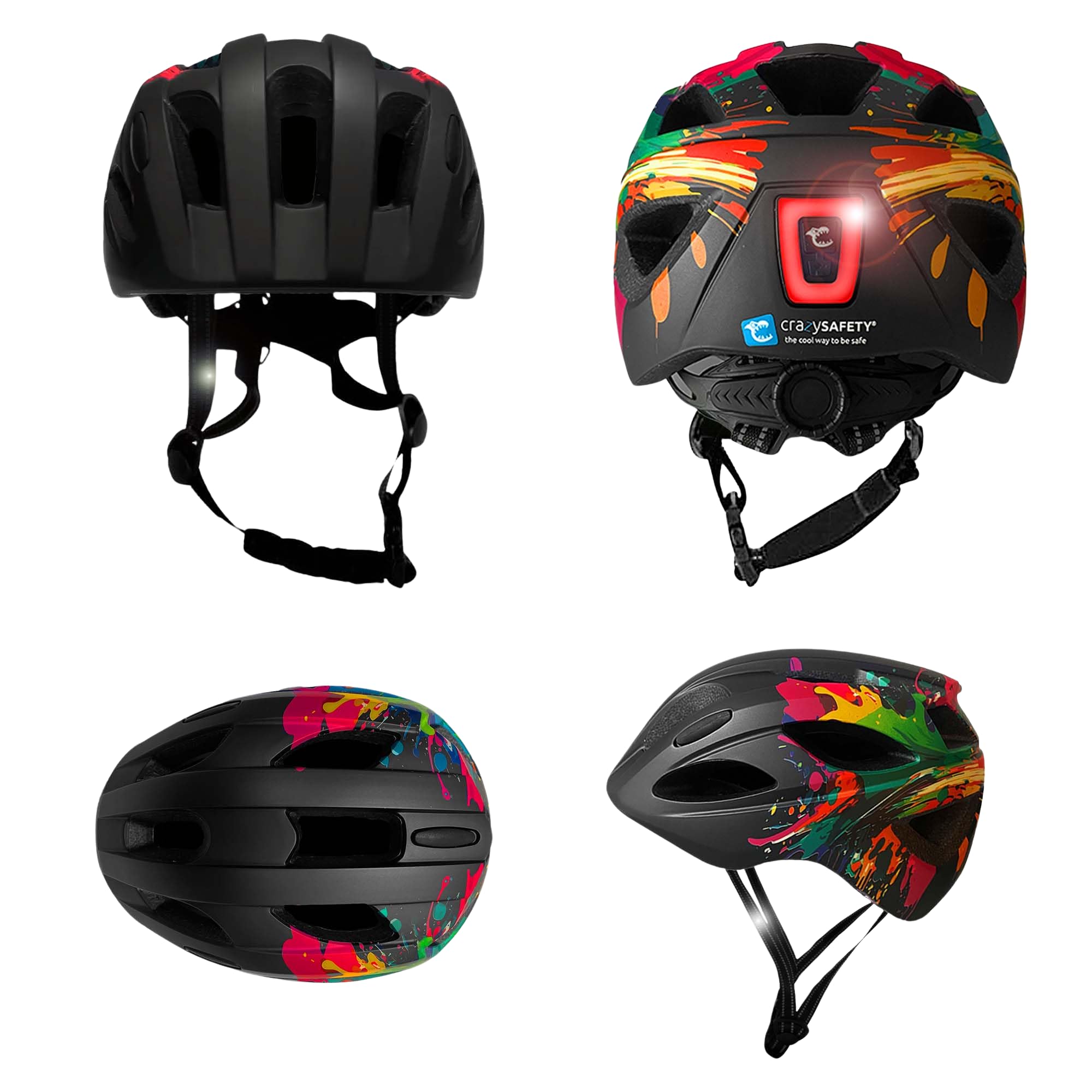 Casco bici bambini splash nero | Casco bici per bambini di età 6-12 anni per bici, skateboard, MTB, pattini, con imbottiture rimovibili e taglia regolabile |