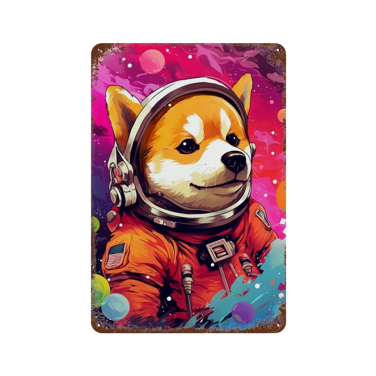 Aged Metal Wall Plaque with Corgi Astronaut in Space -31 Design 11.8"x7.9", for Farmhouse, Kitchen And Entryway Decor, Old School Wall Decor