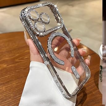 Changjia Magnetic Clear Glitter Case for iPhone 17 Pro Max,[Compatible with MagSafe] Cute Bling Sparkly Diamond Rhinestone with Camera Protector TPU Bumper Women Girl Case for iPhone 17 Pro Max,Silver
