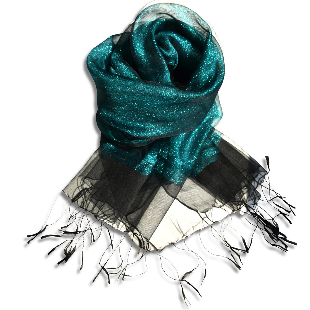 UK_Stone Women Ladies Metallic Sparkle Sheer Glitter Silky Scarf Stole Shawl Wrap with Fringe (Dark Green)