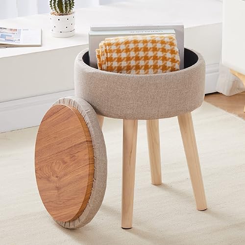 Miniatura 30 de Mxfurhawa Taburete otomano de almacenamiento redondo de lino con patas de madera, reposapiés tapizado multifuncional, para sala de estar, baño,