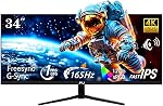 PIJ Moniteur de jeux de 34''Ultrawide 165Hz/144Hz,21:9 UWQHD 3440x1440P IPS Écran,Moniteurs informatiques avec haut-parleurs intégrés,Supports FreeSync,1ms MPRT,120% sRGB,PIP/PBP,HDMI,DP,Support mural, écran plat