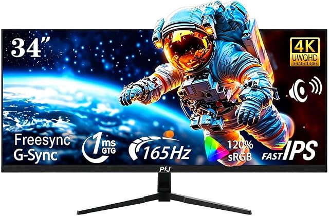 PIJ Moniteur de jeux de 34''Ultrawide 165Hz/144Hz,21:9 UWQHD 3440x1440P IPS Écran,Moniteurs informatiques avec haut-parleurs intégrés,Supports FreeSync,1ms MPRT,120% sRGB,PIP/PBP,HDMI,DP,Support mural, écran plat