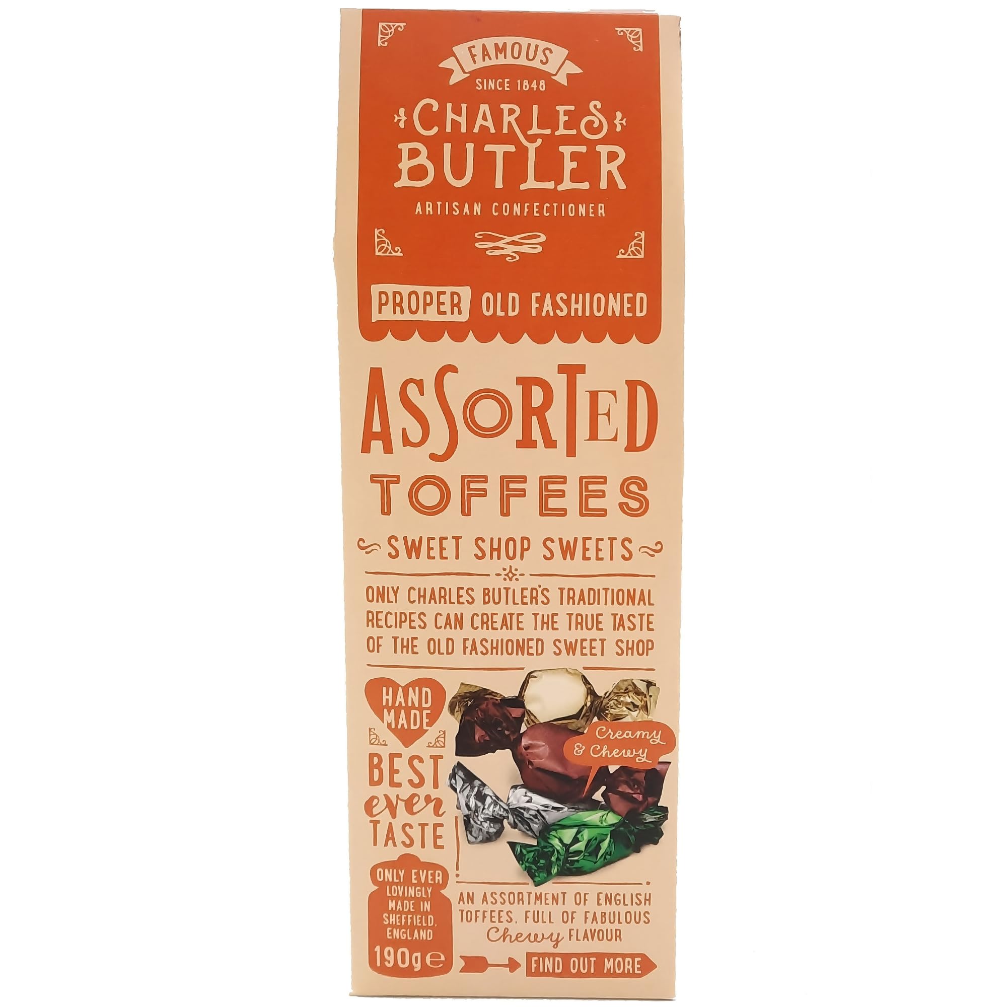Charles Butler Assorted Toffees 190g (6.7oz) | Assortment of Handmade Old Fashioned English Toffee Candy Individually Wrapped | Creamy & Chewy Caramels Gift Box | British Sweets from England