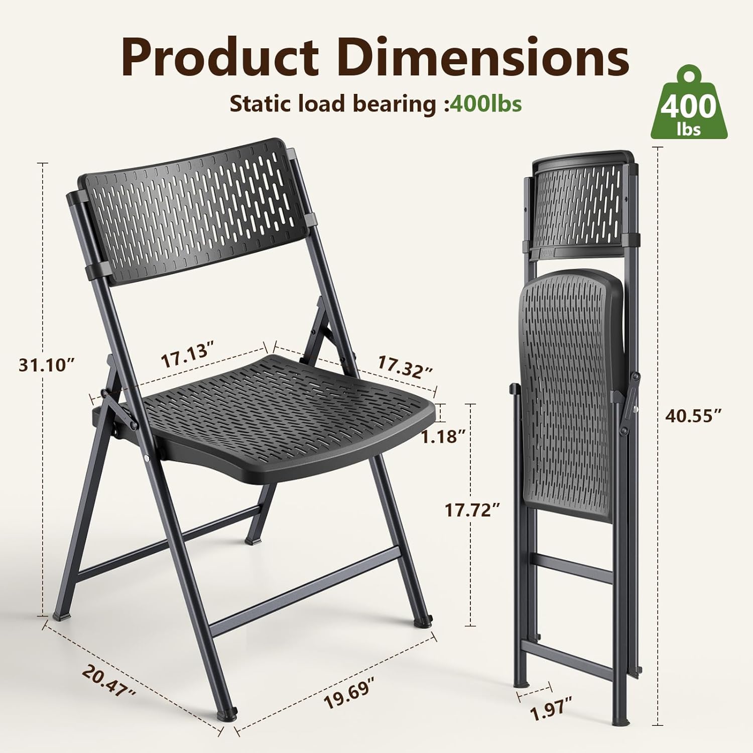 Folding Chair 4 Pack, Foldable Portable Chair with Breathable Molded Plastic Mesh Back & Seat, Sturdy Metal Frame Support up to 400lbs, Indoor Outdoor Foldable Chair for Party,Dinnig,Events,Black